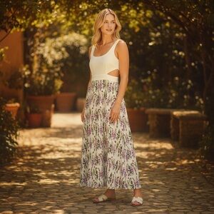 NWT CAMI NYC Floral Cutout Midi Dress White Tulip Print Lined Pockets Size Small